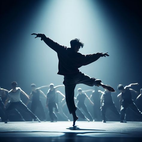 Dance Show Photography, Guy Dancer Aesthetic, Unique Dance Photography, Dancing Cinematography, Man Dancing Aesthetic, Dancing Dip Pose Reference, Commercial Dance Aesthetic, Blue Dance Aesthetic, Pose Reference Dance