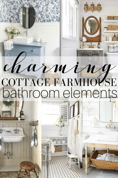 Charming Cottage Farmhouse Bathroom Elements - Pine and Prospect Home Farmhouse Bath Decor Ideas, Farmhouse Master Bath Ideas Shiplap, Small Modern Country Bathroom, Cozy Cottage Bathroom Aesthetic, Country Cottage Bathroom Ideas Farmhouse, Cottage Bathroom Shelves, 20 Modern Farmhouse And Cottage Bathroom Tile Ideas, White Cottage Bathroom Ideas, Small Cottage Bathroom Ideas Design