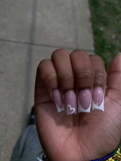 Acrylic Nails With A K Initial, French Top With Heart, Cute Nails With Hearts, Black French Tip Nails With Heart, Nails Acrylic Heart, Blue French Tip Nails With Heart Design, White French Too With Hearts, French Tip Acrylic Nails Heart, Heart On Nails Design