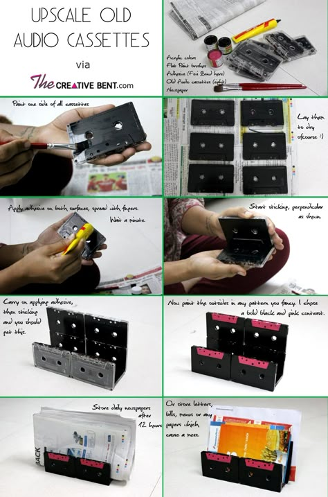 Recycling old audio cassettes ideas, DIY newspaper holder http://thecreativebent.com/easy-diy-recycling-old-audio-cassette-tapes/ Cassette Crafts, Vhs Upcycling, Vhs Ideas, Vhs Crafts, Cassette Tape Crafts, Cassette Tape Art, Old Cassette, Recycled Cds, Blood On The Dance Floor