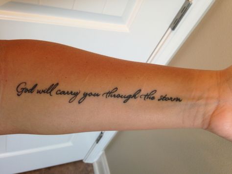 God Quote Tattoo, Tattoos Ideas For Moms, God Related Tattoos Women, Side Arm Tattoos For Women Quotes Bible, Original Tattoos Unique Women, Womens Strength Tattoo Ideas, God Tattoos For Women Forearm, Tattoo Ideas Female Meaningful Quotes Arm, Thigh Tats For Women Words