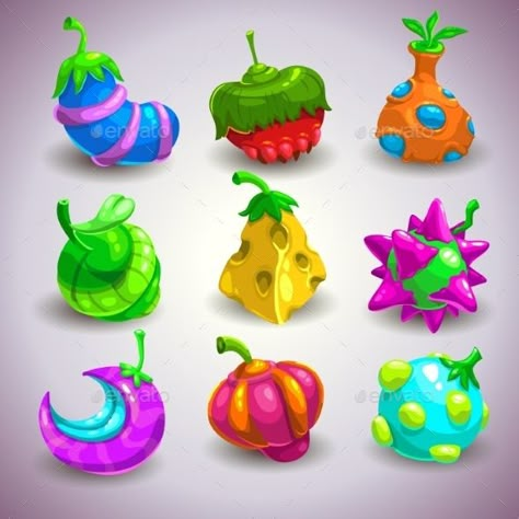 Set of funny colorful fantasy fruits, vector illustration Fruits Vector, Creepy Halloween Party, Game Fruit, Fruit Vector, Fantasy Props, Colorful Space, Fruit Illustration, Halloween Items, Fruit Design