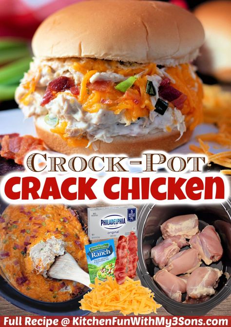 This creamy Crockpot Crack Chicken is so addicting and easy to make! Tender shredded chicken with ranch seasoning, cream cheese, bacon, cheddar cheese, and green onions that's perfect for a dip, using as a sandwich filling or by itself. Chicken With Ranch Seasoning, Dinner Bacon, Cheese Cheddar, Slow Cooked Chicken, Crockpot Recipe, Cream Cheese Chicken, Crockpot Dishes, Ranch Seasoning, Delish Recipes