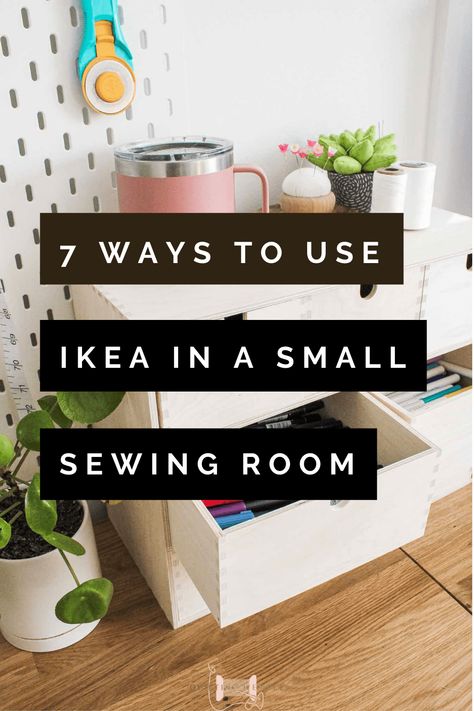 Organize Sewing Room Small Spaces, Ikea Hack Sewing Room, Corner Sewing Space, Ikea Hacks Sewing Room, Closet Sewing Space Diy, Sewing Table Hack, Sewing Room Small Space Ideas, Best Sewing Room Layouts, Small Sewing Studio Ideas