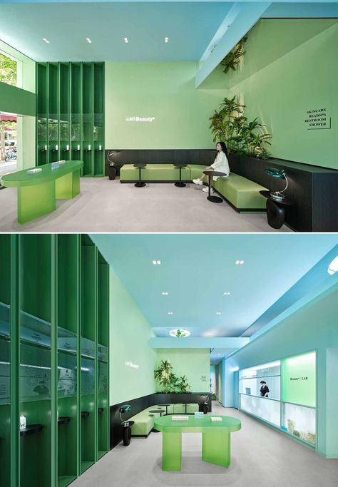 Soft Blue Interior Design, Green Hospital Interior, Green Retail Design, Colorful Lobby Design, Future Classroom Design, Green And Blue Interior Design, Green And Blue Office, Blue And Green Interior Design, Green Blue Interior