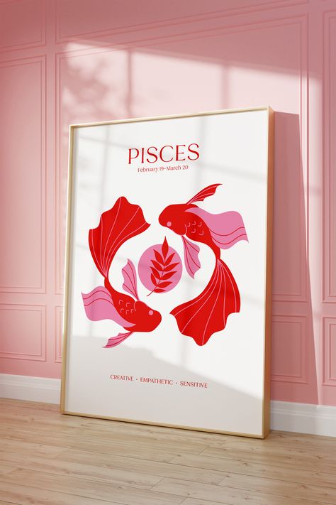 Pisces Art Print, Pisces Room Decor, Pisces Poster Aesthetic, Astrology Wall Art, Pisces Wall Art, Zodiac Painting Ideas, Nana Painting, Pisces Painting, Pisces Party