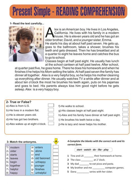 Esl Reading Comprehension Worksheets, English Reading Comprehension Worksheet Year 7, Middle School Reading Worksheets, Reading Comprehension For High School, Grammar Exercises Worksheets, Reading Text For Intermediate, Present Simple Reading Comprehension, Reading Comprehension Grade 8, Reading Comprehension Grade 5