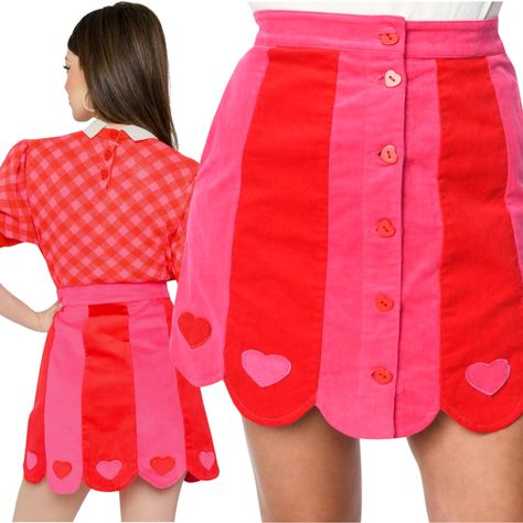 XS (2) / Small (4) / Medium (6-8) / Large (10-12) / XL (14) Jennifer is 5’4” & wearing a Size XS Embroidered Hearts Pockets Scalloped Hem Corduroy Heart Buttons View Valentines Collection ➡️ HERE Heart Overalls, Valentine Sewing, Valentines Fashion, Heart Skirt, Meg Griffin, Valentines Collection, Embroidered Hearts, Dopamine Dressing, Funky Dresses