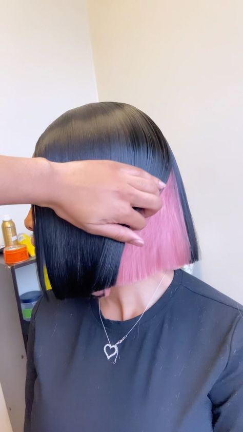 Bob With Peek A Boo Color, Black Bob With Pink Underneath, Sew In Hairstyles Peek A Boo, Bob Peekaboo Color, Quick Weave Bob With Color, Colored Bob Black Women, Peek A Boo Bob Black Women, Peak A Boo Bob, Blonde Peekaboo Bob