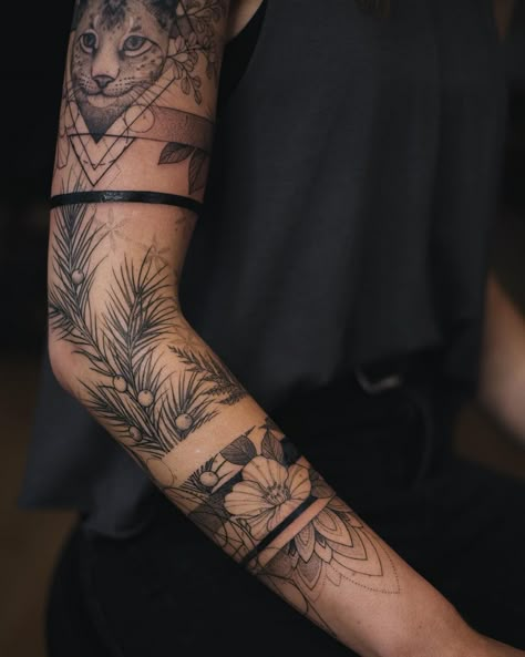 Tattoo Arm Sleeves For Women, Armband Sleeve Tattoo, Arm Band Full Sleeve Tattoo, Women’s Sleeve Tattoo Ideas Nature, Women’s Arm Band Tattoo, Womans Full Sleeve Tattoo, Negative Space Band Tattoo, Plant Half Sleeve Tattoo, Women’s Sleeve