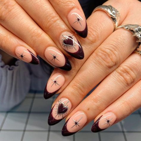 Goth Nails Almond, Nails Alternative Style, Tarot Nail Art, Alternative Nail Ideas, Folk Nails, Goth Nail Designs, Whimsigoth Nails, Punk Nails, Goth Nails