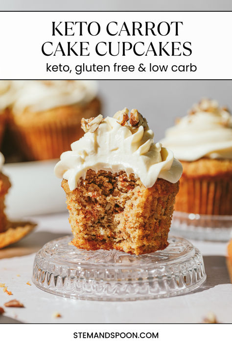 Image of a carrot cake cupcake with frosting on a glass dish. Sugar Free Cupcake Recipes, Keto Carrot Cake Muffins, Muffins With Cream Cheese Frosting, Keto Carrot Cake, Carrot Cake Muffin Recipe, Low Carb Muffin Recipes, Muffins With Cream Cheese, Keto Muffin Recipe, Keto Cupcakes