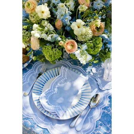 Set of 4, Blue Scalloped Dinner Napkin adorned with delicate White Dots. Crafted from a blend of luxury cotton and linen, these napkins exude sophistication and charm, adding a touch of elegance to any table setting. The scalloped edges lend a unique and stylish flair, perfect for both casual gatherings and formal affairs. Indulge in the softness and durability of these premium napkins, designed to elevate your dining moments to a new level of refinement. Whether you're hosting a dinner party or Elegant White And Silver Table Decor, Wedding Napkins Blue, Blue And White Baby Shower Decorations, Blue Baby Shower Table, Nautical Table Setting, Baby Shower Dinner Party, French Table Setting, Wedding Dinner Table Setting, Blue And White Tablescapes