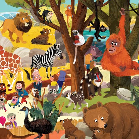 Day at the Zoo Puzzle – Kim Smith Safari Artwork, Koala Art, Zoo Map, Baby Books Diy, Cartoon Hippo, Kim Smith, Indonesian Art, Ancient Animals, Forest Illustration