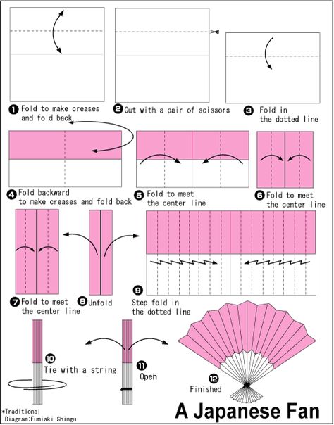 Origami Japanese fan Make A Fan, How To Make Paper Fans, How To Make A Paper Fan, Paper Fans Diy, Diy Paper Fan, Origami Fan, Fan Diy, Japanese Party, Paper Fan