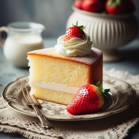 A delicate slice of sponge cake with a dollop of whipped cream and a fresh strawberry on top, served on a vintage-style plate with a bowl of additional strawberries in the background. The image has a warm, inviting tone and showcases the dessert in a visually appealing way. #imagecreator #graphicdesigner #artificialintelligence #designer #designinspiration #photoshop #leonardoai #cake #graphic #design #bingimagecreatorai Cake Graphic Design, Cake Graphic, Cake Slice, Strawberry Cake, Sponge Cake, Fresh Strawberry, A Bowl, Whipped Cream, Strawberries