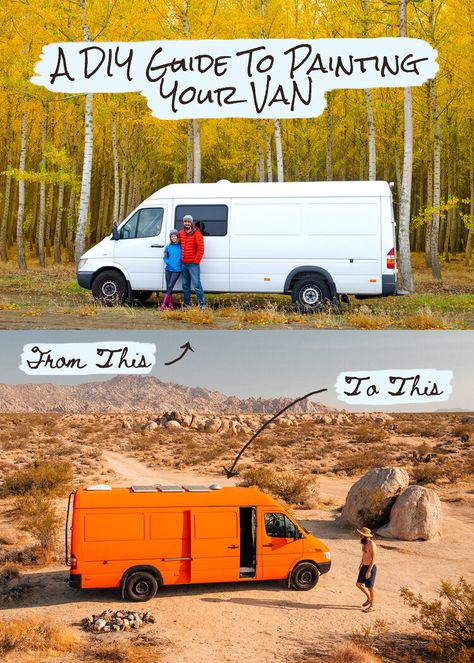 Ever wanted to paint your van? Check out our DIY paint guide with everything we learned from painting our sprinter van with bed liner #vanlife #vanlifediaries #vancrush #vanlifers #vanconversion Diy Van Paint Job, Campervan Painting Exterior, Van Paint Jobs Ideas, Van Exterior Paint Ideas, Van Painting Ideas, Van With Bed, Diy Painted Vans, Painting Camper, Bedliner Paint Job