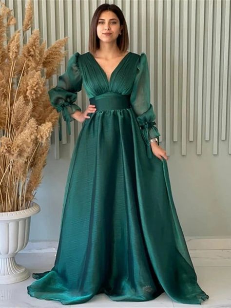 A-Line/Princess Organza Ruched V-neck Long Sleeves Sweep/Brush Train Dresses Linnet, Train Dresses, Evening Dresses With Sleeves, Organza Dress, Evening Dresses Cocktail, فستان سهرة, Evening Dresses Long, Fancy Dresses, V Neck Dress