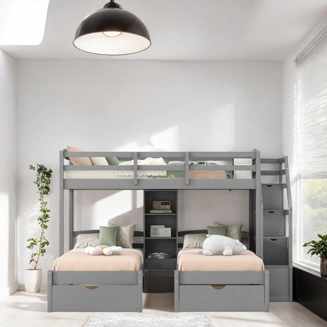 This metal bunk bed features three beds in one, truly a space-saver. With a twin size bed on top and two twin size beds underneath, this bed is ideal for accommodating guests and sleepovers, and also perfect for family with multiple members. Three Bed Bedroom Ideas, Triple Bunk Bed Boys Room, Bed For Three Kids, Twins Bedroom Boy And Girl, Three Beds In One Room Kids, 3 Beds In One Room Small Spaces, Multiple Kids Bedroom, Kids Bunk Bed Room, Three Bed In One Room