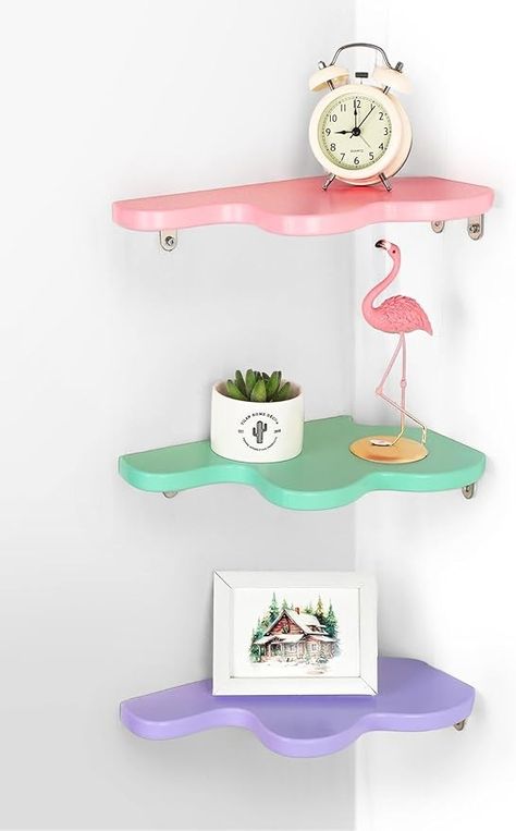 Amazon.com: Menkxi Cute Wavy Corner Shelf Wall Mount, Set of 3 Wood Floating Cloud Corner Wall Shelves with Cord Hole Wall Danish Pastel for Bedroom Living Room Bathroom Kitchen : Home & Kitchen Wavy Corner Shelf, Kawaii Wall Storage, Wavy Wall Shelf, Danish Pastel Wall Shelves, Pink Wall Shelf, Pink Nightstands, Pastel Home, Colorful Room Decor, Floating Shelves Bedroom