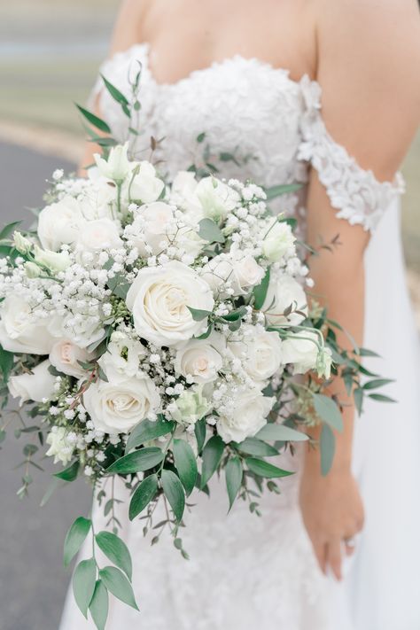 White Rose, Italian Ruscus, Baby's Breath and Seeded Eucalyptus Bridal Bouquet

-Cassidy Alane Photography Wedding Buqet Flowers White, Wedding Bouquet White Roses Eucalyptus, White Bride Bouquet With Greenery, White Rose Eucalyptus Babys Breath Bouquet, White Roses Bridal Bouquet With Greenery, White Roses With Eucalyptus Bouquet, Bouquets With Babies Breath, Bridal Bouquet White Roses Eucalyptus, Bridal White Rose Bouquet