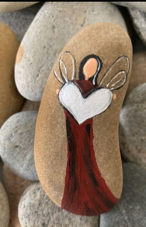 Painted Memorial Rocks Ideas, In Memory Rock Painting, Angels Painted On Rocks, Faceless Angel, Angel Rocks, Angel Wings Painting, Christmas Pebble Art, Diy Rock Art, Stone Art Painting