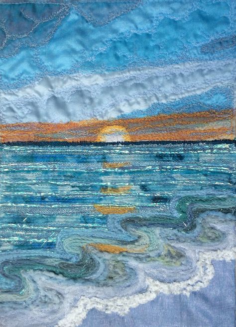 Beach Textile Art, Ocean Textile Art, Water Textile Art, Major Textiles Project, Sea Inspired Textiles, Land And Sea Art, Gcse Art Land Sea And Sky, Fabric Landscapes Textile Artists, Sunset Textiles