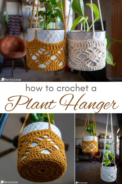 Crochet Fruit Hanger Pattern Free, Crochet Plant Pot Hanger, Crochet Boho Plant Hanger Free Pattern, Crochet Pattern For Hanging Plant, Crochet Porch Decor, Crochet Gifts For The Home, Crochet For College Dorm Room, Crochet Small Plant Hanger, Crocheted Plant Holders