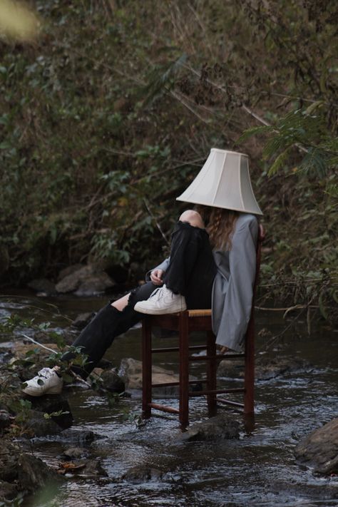 Weird inspo photoshoot. Lampshade spooky pics. Field inspo. Creek stool pics Weird Core Photography, Low Budget Photoshoot, Photoshoot Creepy, Odd Photoshoot Ideas, Unexpected Photography, Weird Photo Shoot Ideas, Easy Self Photoshoot Ideas, Weird Sitting Poses On Chair, Fun Photo Shoot Ideas Creative