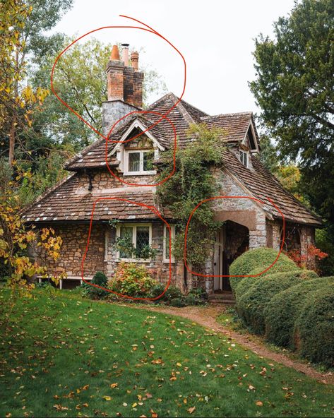 Stone cottages 

￼
Nice materials and landscaping. Probably the old tree and dog I like most 😊 Stone, timbers, COPPER elements, big bay window.  Roof of stone, cedar shake or metal roof instead though? Needs more side wings like large outdoor living area added to front left or an angled detached garage joined by enclosed porch. Has two chimneys but neither are featured in front. Swoop roofed line added?
￼
Narrow arch windows but the front is too flat. Cute dormer and has a swoop. Needs more of a front door nook, big bay window, screened in porch and a featured chimney as well as more surface textures.  
￼
Love the swoop, textured exterior and featured stone fireplace. Expand master suite. Add more outsets and front door nook.  Not sure about the roof but it evokes a thatched roof feel. Li Front Door Nook, Stucco English Cottage, Brick English Cottage, Bay Window Roof, Storybook Stone Cottage, English Cottage Thatched Roof, Welsh Stone Cottage, Arch Windows, Enclosed Porch