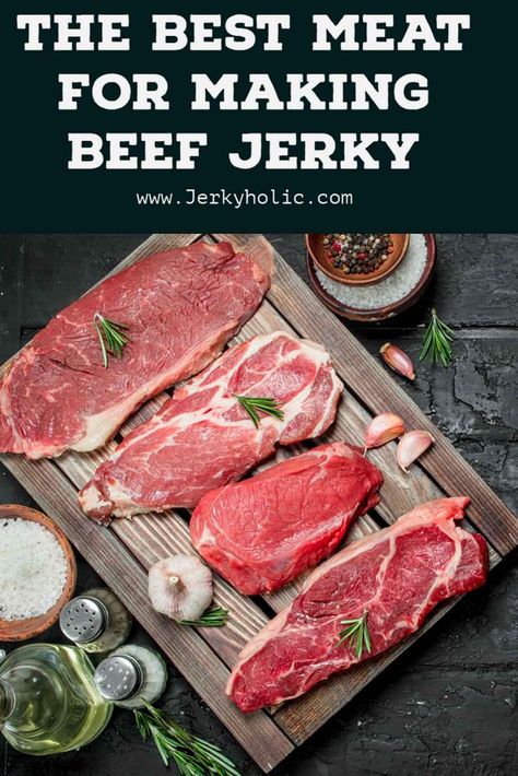 A row if different cuts of steak on a wooden cutting board surrounded by bowls and bottles of oils and seasonings. Dehydrator Jerky, Beef Jerky Recipe Dehydrator, Jerky Recipes Dehydrator, Jerkey Recipes, Jerky Marinade, Making Beef Jerky, Best Beef Jerky, Homemade Beef Jerky, Homemade Jerky