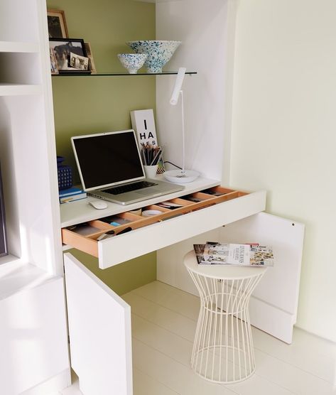 19 Hidden Living Room Storage Ideas | Extra Space Storage Small Bedroom With Alcoves, Pull Out Office Desk, Nook Desk Built In, Small Hidden Office Space, Desks In Cupboards, Lounge With Desk Area, Computer Desk Living Room Ideas, Hidden Study Nook In Living Room, Small Alcove Office Ideas