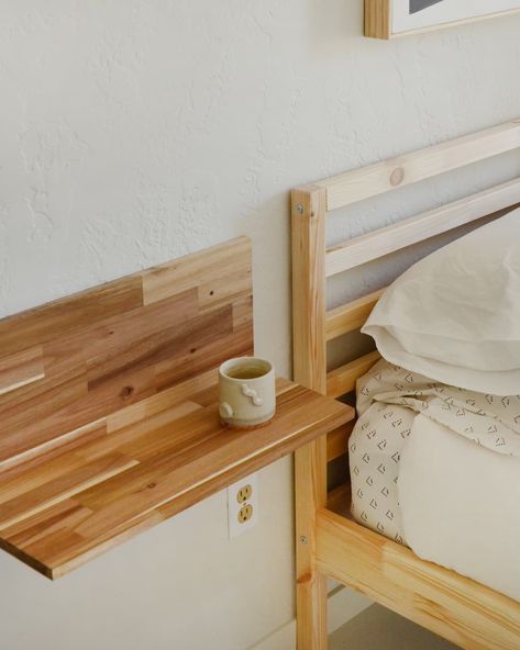 No Room For Bedside Table, Alternative To Bedside Table, Bedside Table For Low Bed, No Bedside Table Ideas, Bed Side Table Alternatives, Tiny Night Stand Ideas, Bedside Table Alternative, Small Nightstand Ideas Diy, Night Stand Alternative