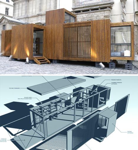 While this wooden prefab structure does collapse into a cargo container-sized unit for portability, once shipped it barely resembles its origins. In fact, with volumetric extensions at well-chosed intervals and a facade with varying visual rhythms and physical textures, the Drop House looks very much like any high- Crate Shelves Bedroom, Shipping Crate Homes, Small Wooden Crates, Crate Coffee Table, Diy Front Porch, Shipping Crates, Country Diy, Exterior Front Doors, Wood Cladding