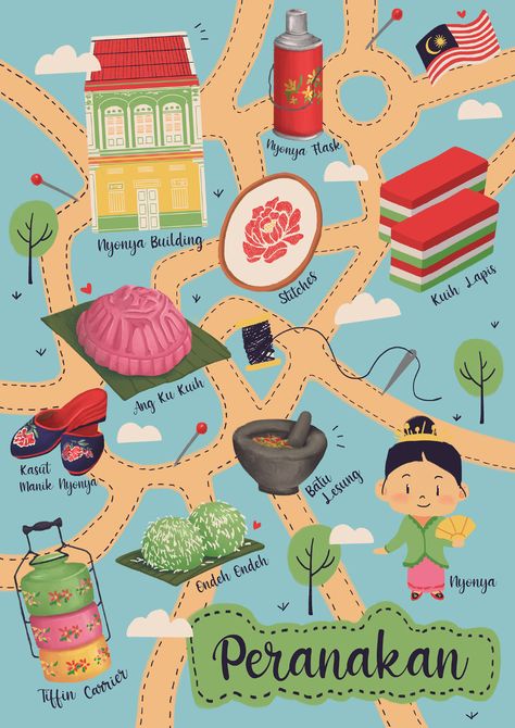 Peranakan Food Illustration, Malacca Illustration, Baba Nyonya Fashion, Baba Nyonya House, Nyonya Illustration, Peranakan Aesthetic, Malaysia Culture Illustration, Peranakan Illustration, Malaysian Illustration