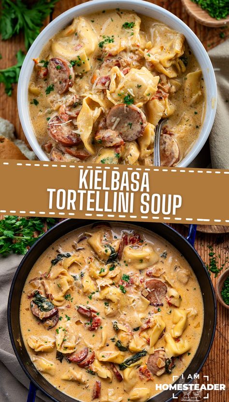 one image shows a white bowl of soup on a wooden board, the second shows a blue/black pot of soup. Kielbasa And Tortellini Soup, Tortellini Soup Ideas, Soup Recipes Kielbasa, Kielbasa Tortellini Soup Crockpot, Tortellini With Kielbasa, Kilbasa Sausage Soup, 5 Cheese Tortellini Soup, Good Soups For Fall, Creamy Kielbasa Soup