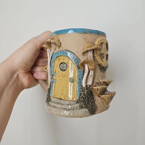 Fantasy Mushroom Hobbit House Mug, Handmade Stoneware Fantastic Mug, Mystical Gifts, One of A Kind Gift #cottagecore #cottagecoremug #fairymug #mushroommug #hobbithouse #hobbitmug #handmadecoffeemug #fairyhouse #fairyhousemug Mushroom Hobbit House, Fantasy Pottery, Mystical Gifts, Fantasy Mushroom, House Mug, Clay Mug, Hobbit House, Clay Mugs, Mug Handmade