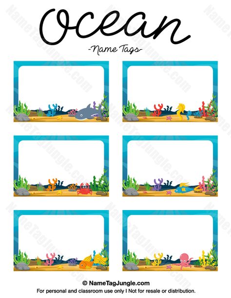 Free printable ocean name tags. The template can also be used for creating items like labels and place cards. Download the PDF at http://nametagjungle.com/name-tag/ocean/ Fish Name Tags Printable, Ocean Name Tags Free Printable, Under The Sea Name Tags Printable Free, Shark Name Tags, Free Name Tags Printables, Name Tags Printable Templates Free, Animal Name Tags, Name Tags Printable Templates, Cubby Name Tags