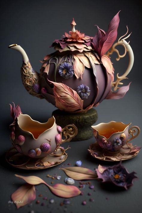 Fantasy Tea Set, Whimsical Tea Set, Tea Pot Decorating Ideas, Fairy Tea Set, Pretty Tea Set, Fantasy Tea Shop, Tea Pots Unique, Tea Pot Aesthetic, Fantasy Teapot