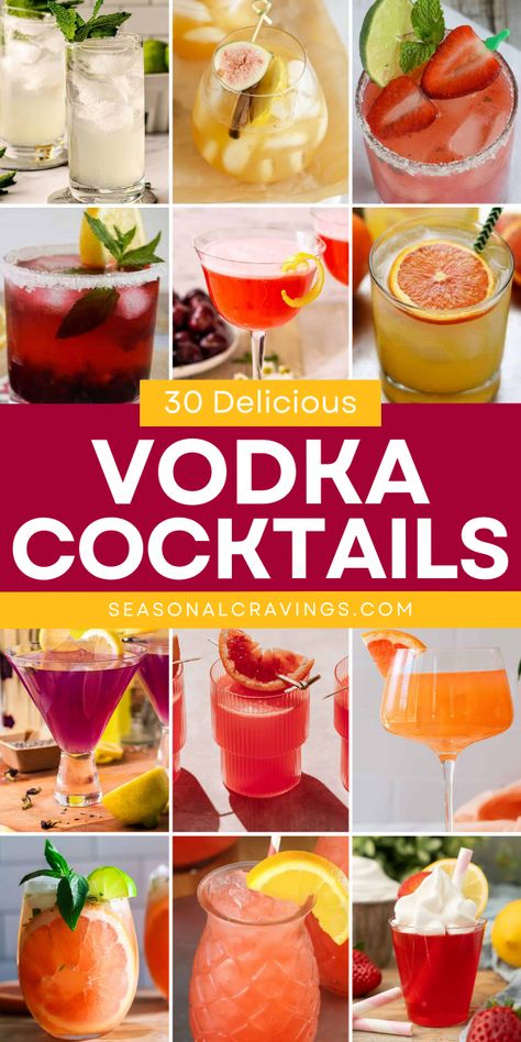 Shake up your gatherings with 30 Delicious Vodka Cocktails! These easy drink recipes are perfect for fun party cocktails. From Limoncello Spritzer and Apple Cider Vodka Cocktail to Strawberry Kiwi Sangria, S’mores Martini, and Strawberry Mint Smash, there’s a tasty drink for everyone. Cheers! Signature Alcoholic Drinks, Fruit Cocktails Alcohol, Tailgate Alcoholic Drinks, Specialty Alcoholic Drinks, Mexican Drinks With Vodka, Vodka Cocktails Fruity, Sweet Drink Recipes Alcoholic, Fresh Vodka Cocktails, Fancy Vodka Drinks