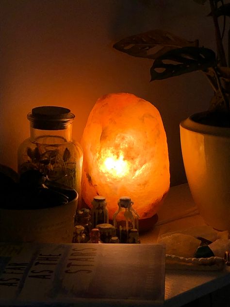 Plants, salt crystal lamp room decor Salt Lamp Aesthetic, Salt Crystal Lamp, Lamp Room Decor, Lamp Room, Salt Rock Lamp, Future Bedroom, Future Room, Salt And Light, Crystal Aesthetic