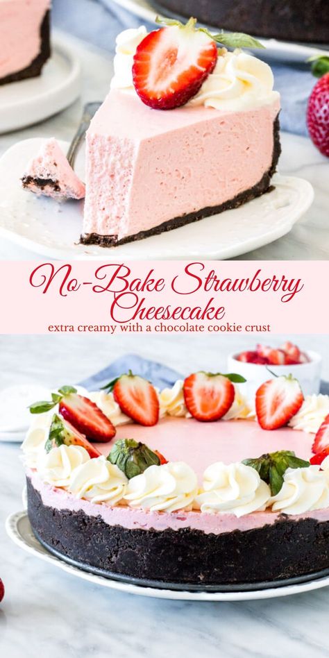 Strawberry Cheesecake No Bake, Dessert Spring, No Bake Strawberry Cheesecake, Cheesecake Strawberry, Cheesecake Oreo, Strawberry Cheesecake Recipe, Strawberry Treats, Oreo Cookie Crust, Spring Recipe