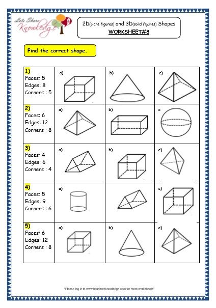 Grade 3 Maths Worksheets: (14.3 Geometry: 2D (plane figures) and 3D (solid figures) Shapes) 2d And 3d Shapes Activities 3rd Grade, Grade 3 Geometry Worksheets, Solid Figures Worksheet, Solid Figures 3d Shapes, Solid Shapes Worksheet, Geometry Figures, Trigonometry Worksheets, 9th Grade Math, 3d Shapes Worksheets