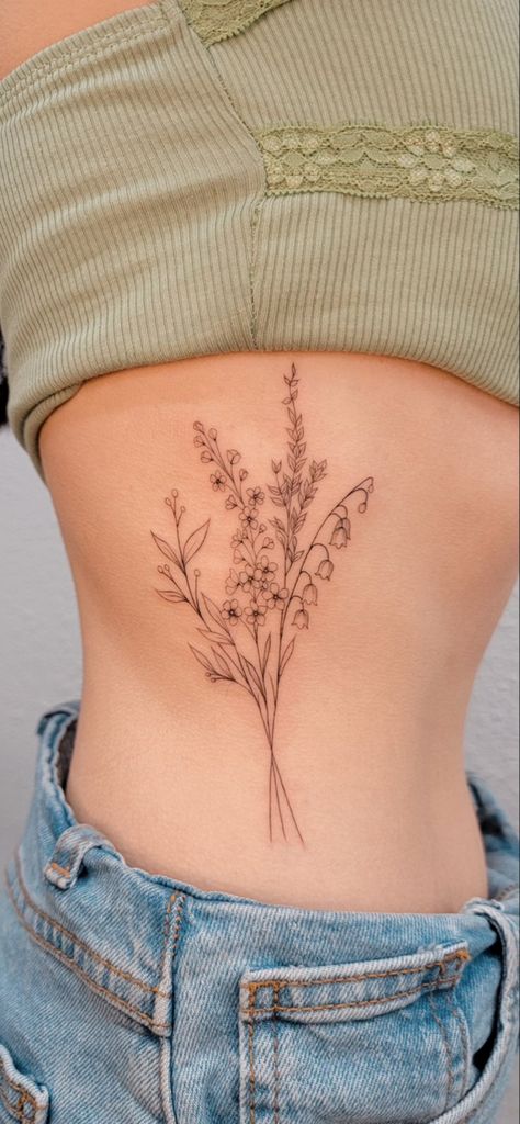 Lily Of The Valley Lavender Tattoo, Washington Flower Tattoo, Daisy And Lavender Bouquet Tattoo, Aster And Lily Of The Valley Flower Tattoo, Wildflower Tattoo With Lavender, Flower Tattoos Lilacs, Honeysuckle And Lily Of The Valley Tattoo, Posie Flowers Tattoo, Lily Of The Valley Birth Flower Tattoo