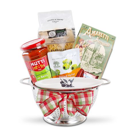 An Italian meal is a great choice for any type of gathering. Our Italian Market Favorites gift is perfect for a home warming surprise, or an addition to any kitchen. We’ve included a Large Pasta Strainer and all the ingredients to cook the tastiest Italian dinner, filled with rich flavors and aromas of Rustic Italy. Bon Appetit! Deli Platters, Snack Gift Baskets, Food Gift Basket, Amaretti Cookies, Pasta Strainer, Farfalle Pasta, Tomato Basil Sauce, Italian Market, Gourmet Food Gifts