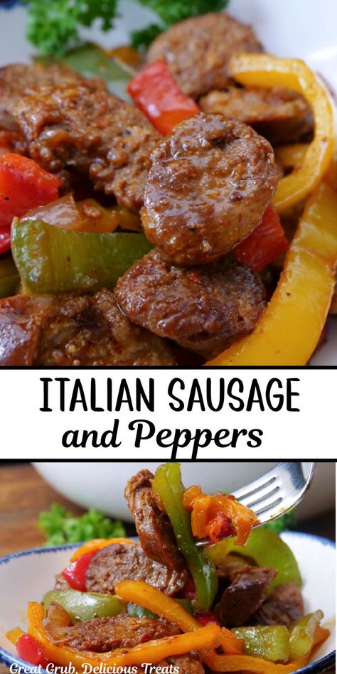 A double photo collage of sausage and three different types of peppers on a white plate. Italian Sausage And Peppers Recipes, Italian Sausage Casserole Recipes, Italian Pork Sausage Recipes, Italian Sausage Recipes For Dinner Easy, Peppers And Sausage Recipes, Italian Sausage Recipes For Dinner, Sausages And Peppers, Roasted Italian Sausage, Sweet Italian Sausage Recipes