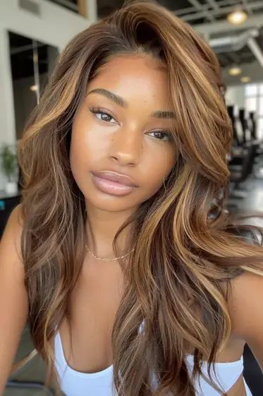 40+ Gorgeous Blonde Highlights Ideas To Try This Year - Flo's Blog Dark Hair With Honey Blonde Highlights, Honey Brown Hair Highlights, Honey Blonde Highlights On Black Women, Black Blonde Highlights, Brown With Light Brown Highlights, Hair Colors For Dark Skin, Chunky Blonde Highlights, Natural Blonde Highlights, Hair Color For Brown Skin