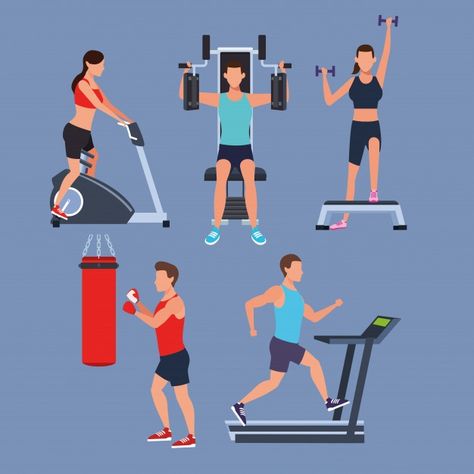 Establecer personas haciendo ejercicio V... | Premium Vector #Freepik #vector #personas #deporte #salud #gimnasio Spanish Projects, Treadmill, Premium Vector, Stationary Bike, Gym Equipment, Persona, Bike, Gym