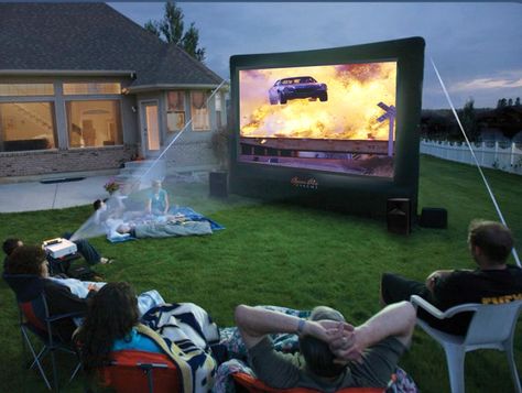 What a great FUN movie night Outdoors for the family or neighborhood with an inflatable TV!!  Great idea. Inflatable Movie Screen, Backyard Movie Party, Outdoor Movie Theater, Rustic Fire Pits, Backyard Movie, Diy Bar, Outdoor Movie, Pop Up Event, Movie Party