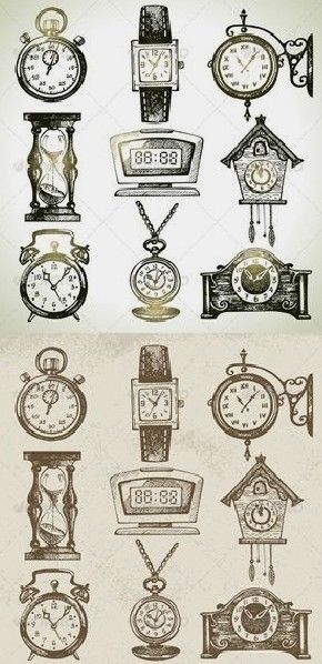 Jam Pasir, Clock Illustration, Clock Drawings, Watch Drawing, Clock Alarm, Etiquette Vintage, Watch Tattoos, Watch Set, Clock Tattoo